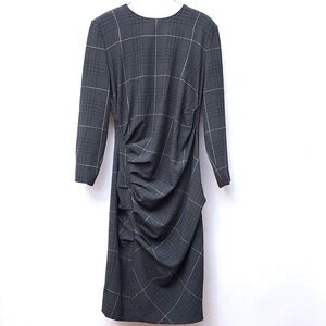 Marella Spilla Midi Long-sleeve Dress Ruched Midi Dress Gray Plaid Sz 14